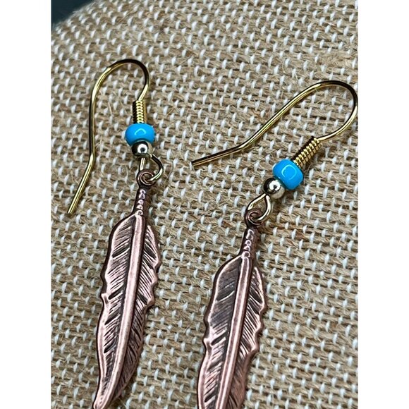 Copper Feather Dangle Earrings With Turquoise Bead Accent - Picture 4 of 7